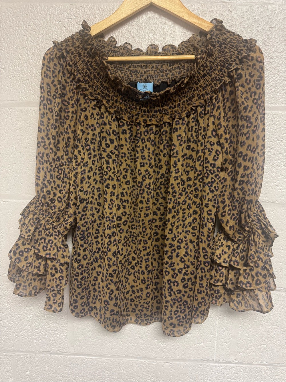 CeCe Brown Leopard Smocked Ruffle Blouse